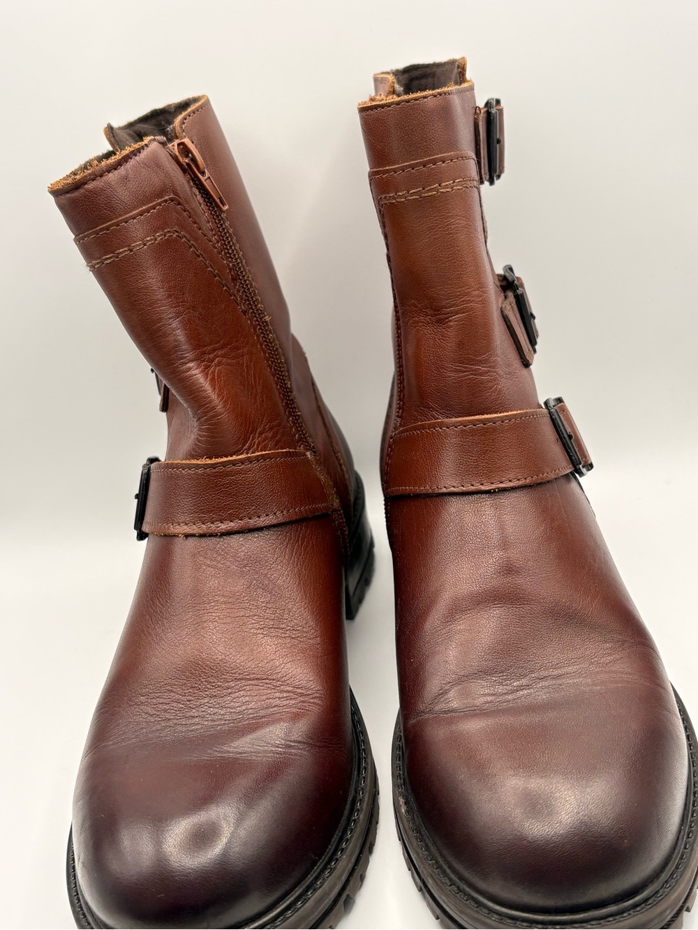 Women's Astra Bootlegger Brown Leather Buckle Heeled Boots. Size 40, US 9